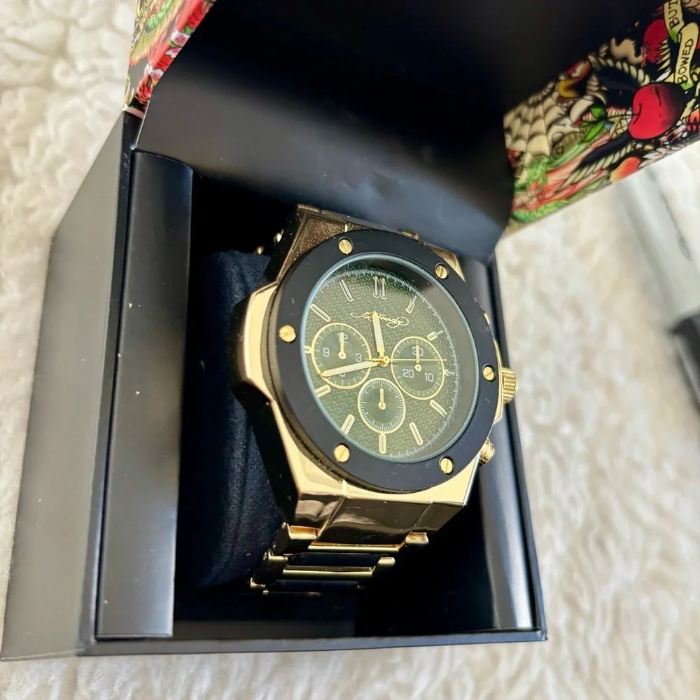 Ed Hardy Gold/Black belt Men's Chronograph Green Dial Black bezel Watch in box